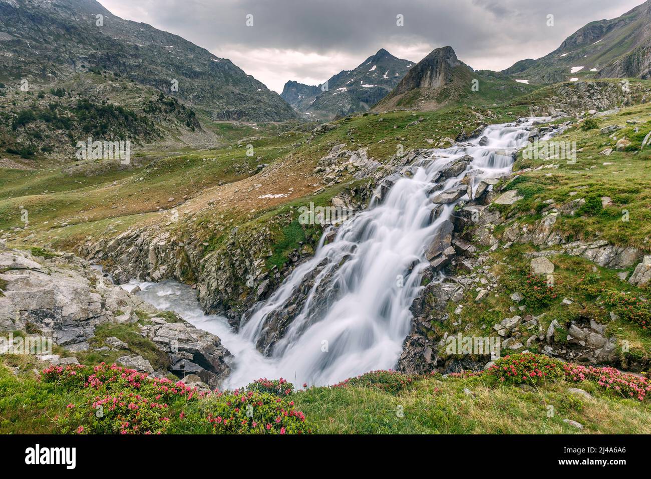 Aguas limpias river waterfall at Tena valley, spanish pyrenees Stock Photo