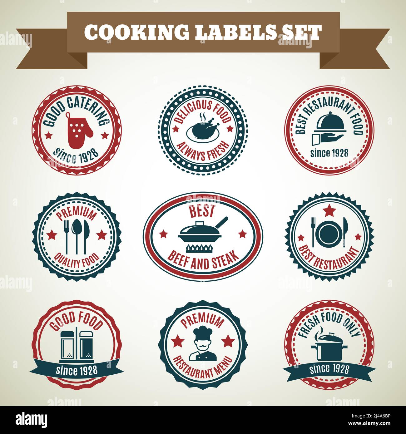 Cooking chef labels set of good catering delicious food always fresh isolated vector illustration Stock Vector