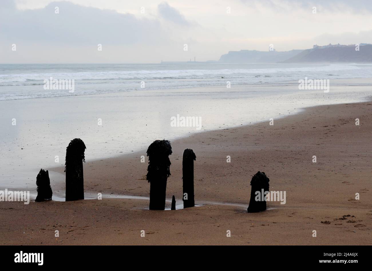 View to Whitby Abbey from Sandsend beach on an overcast day Stock Photo