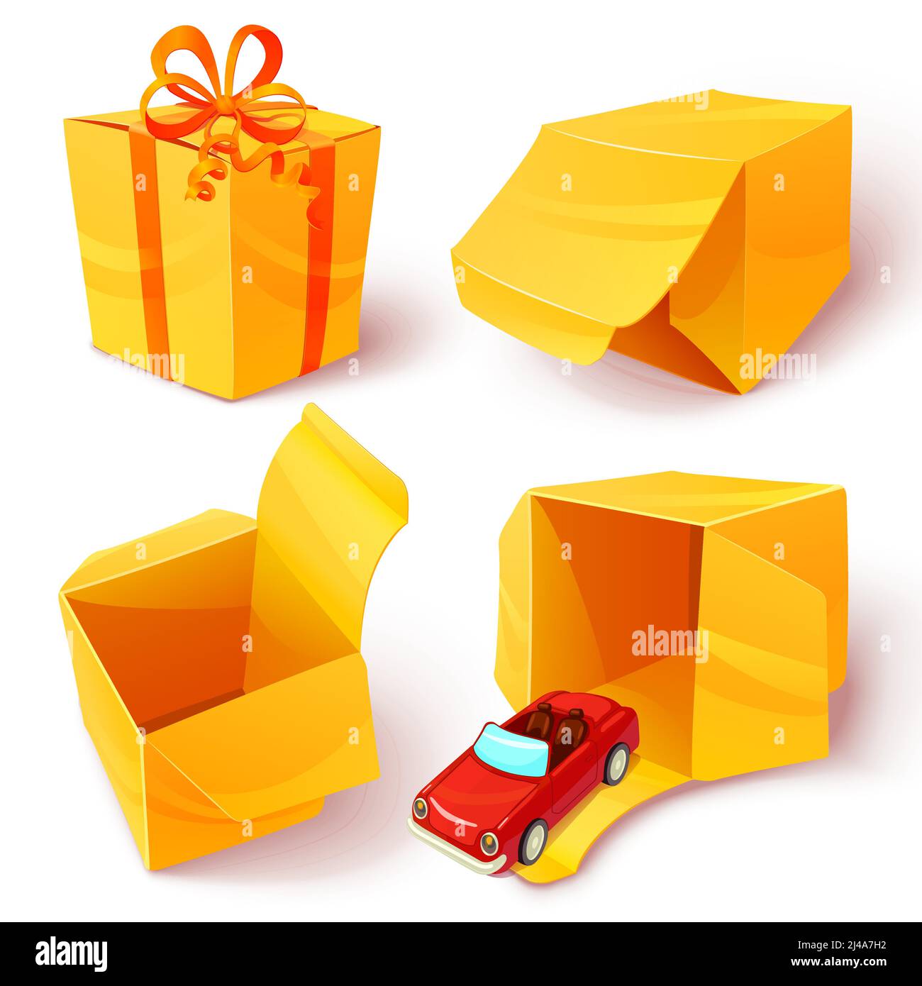 Cartoon boxes open closed icon set with yellow boxes and gift inside