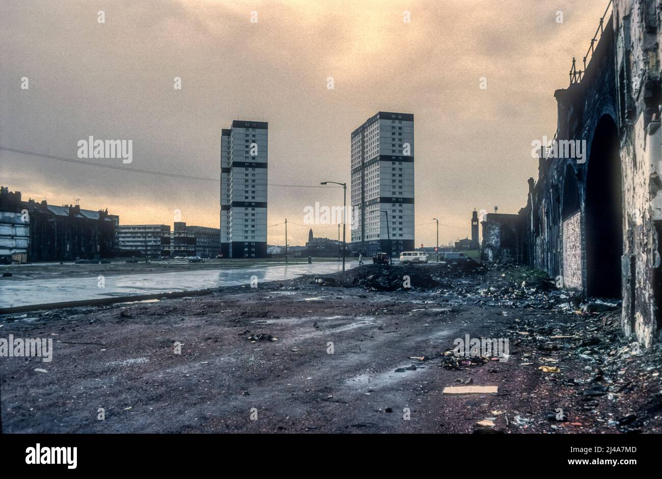 The Sandiefield Road tower blocks in the Hutchesontown area of the Gorbals in Glasgow stood 69m tall and contained almost 400 flats over 24 storeys. They were completed in 1971 as part of the Area E estate of the Gorbals Comprehensive Development Area. The blocks were demolished in their turn by a controlled explosion on 21 July 2013 to make way for a new health centre, social housing and office accommodation. Stock Photo