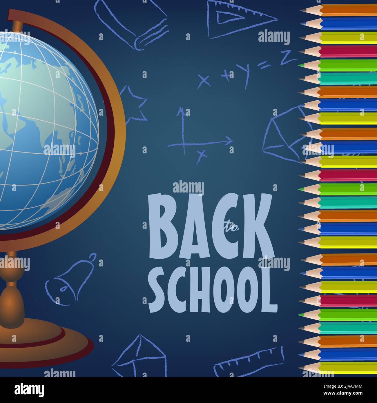 Back to school poster design with globe, colored pencils and dark blue ...