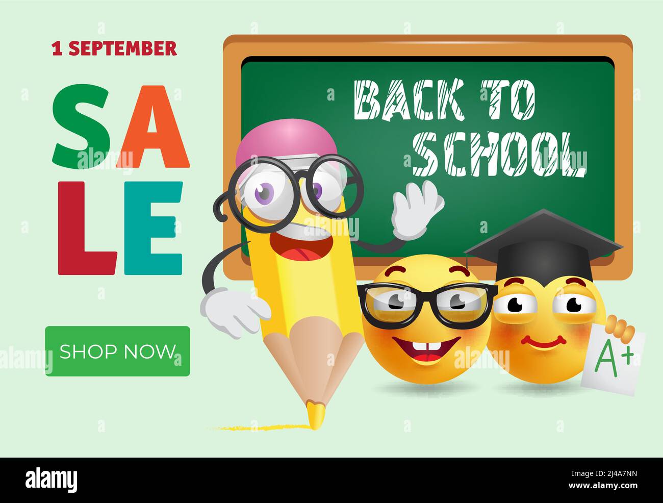 Back to school sale banner design with cartoon pencil, smart emotions