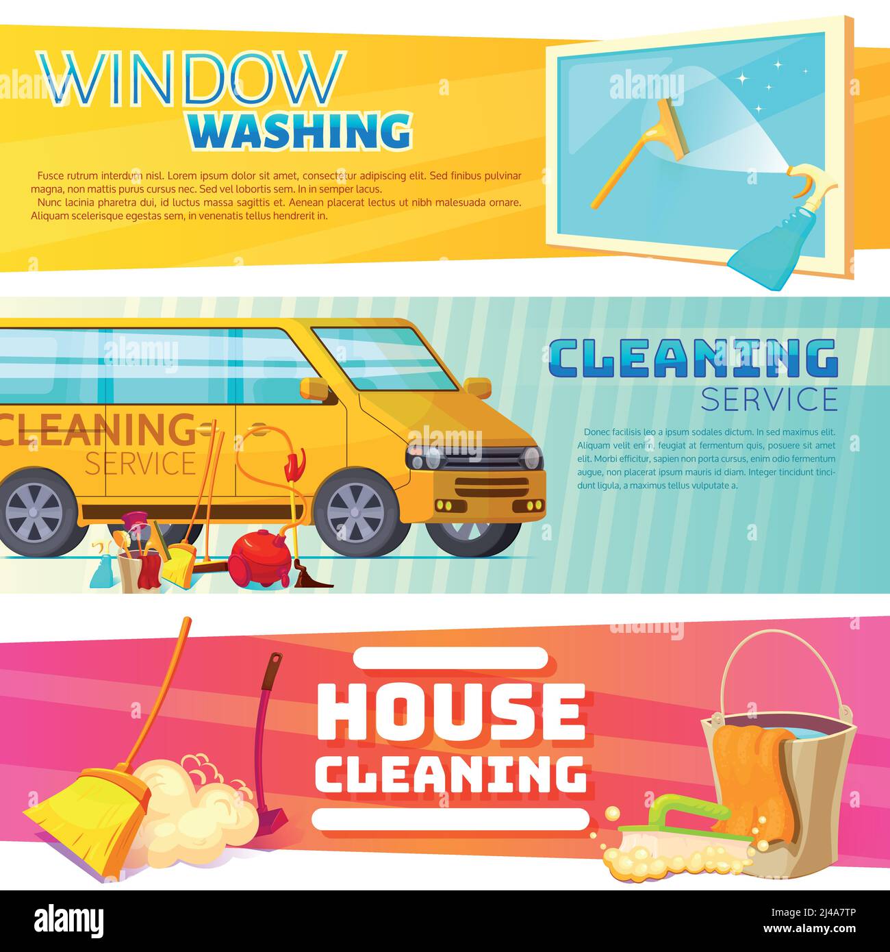 Three horizontal cleaning service banner set with window washing ...