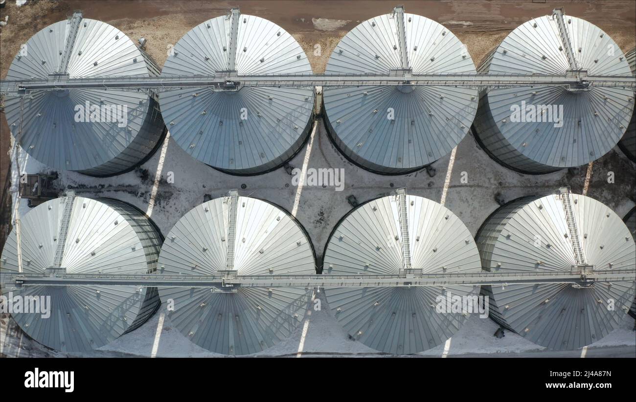 High angle aerial view of industrial elevators and dryers in Russia