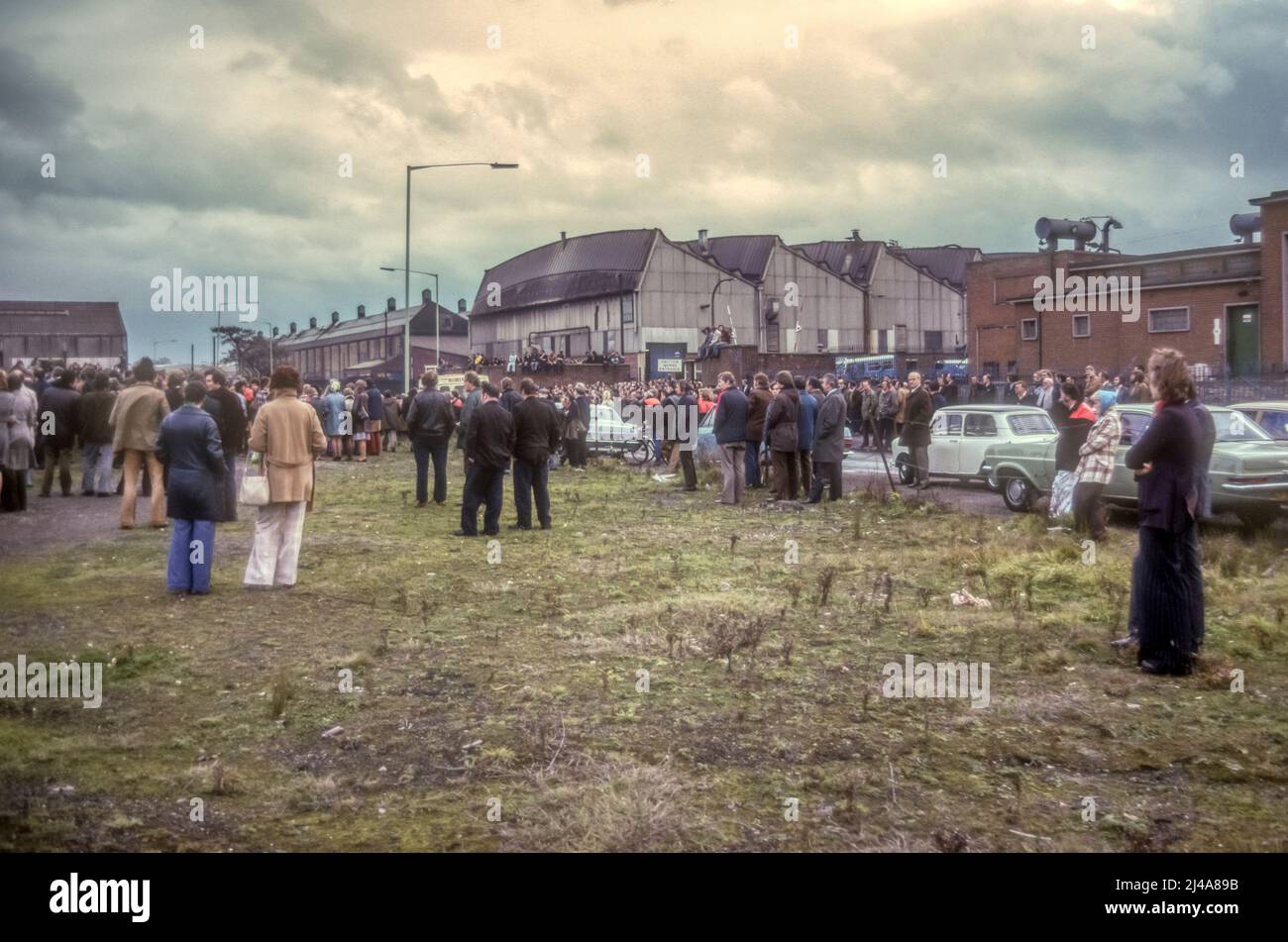 1975 archive image of outdoor union meeting at the British Leyland works at Leyland, Lancashire. Stock Photo