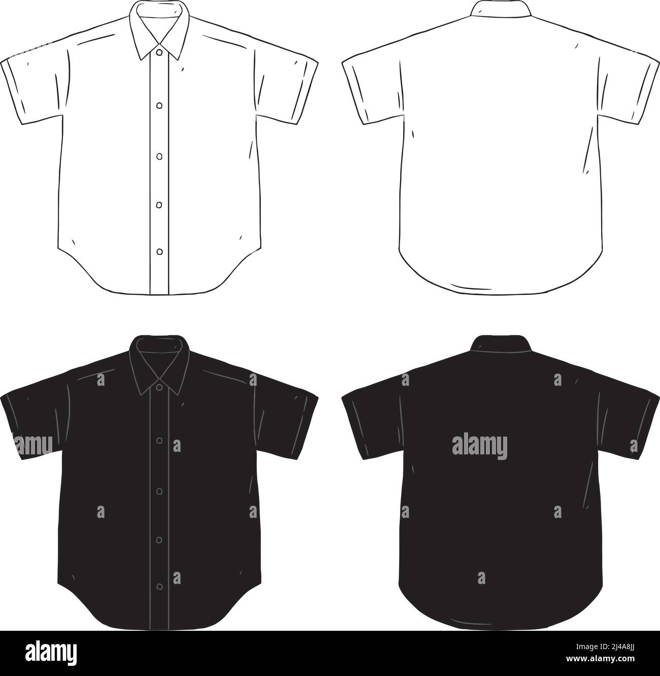 Set of blank short sleeve shirt design template hand drawn vector illustration. Front and back shirt sides. White and black male shirt Stock Vector