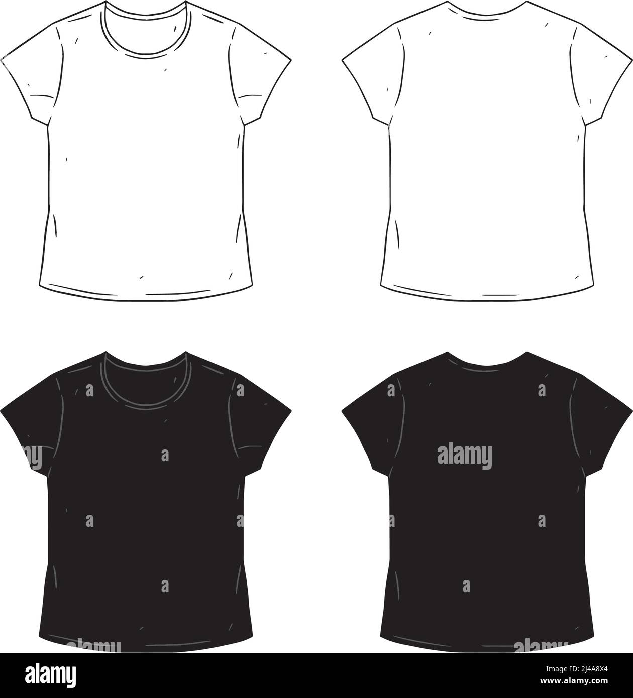 Set of blank T-shirt design template hand drawn vector illustration. Front  and back shirt sides. White and black female t-shirt on white background  Stock Vector Image & Art - Alamy
