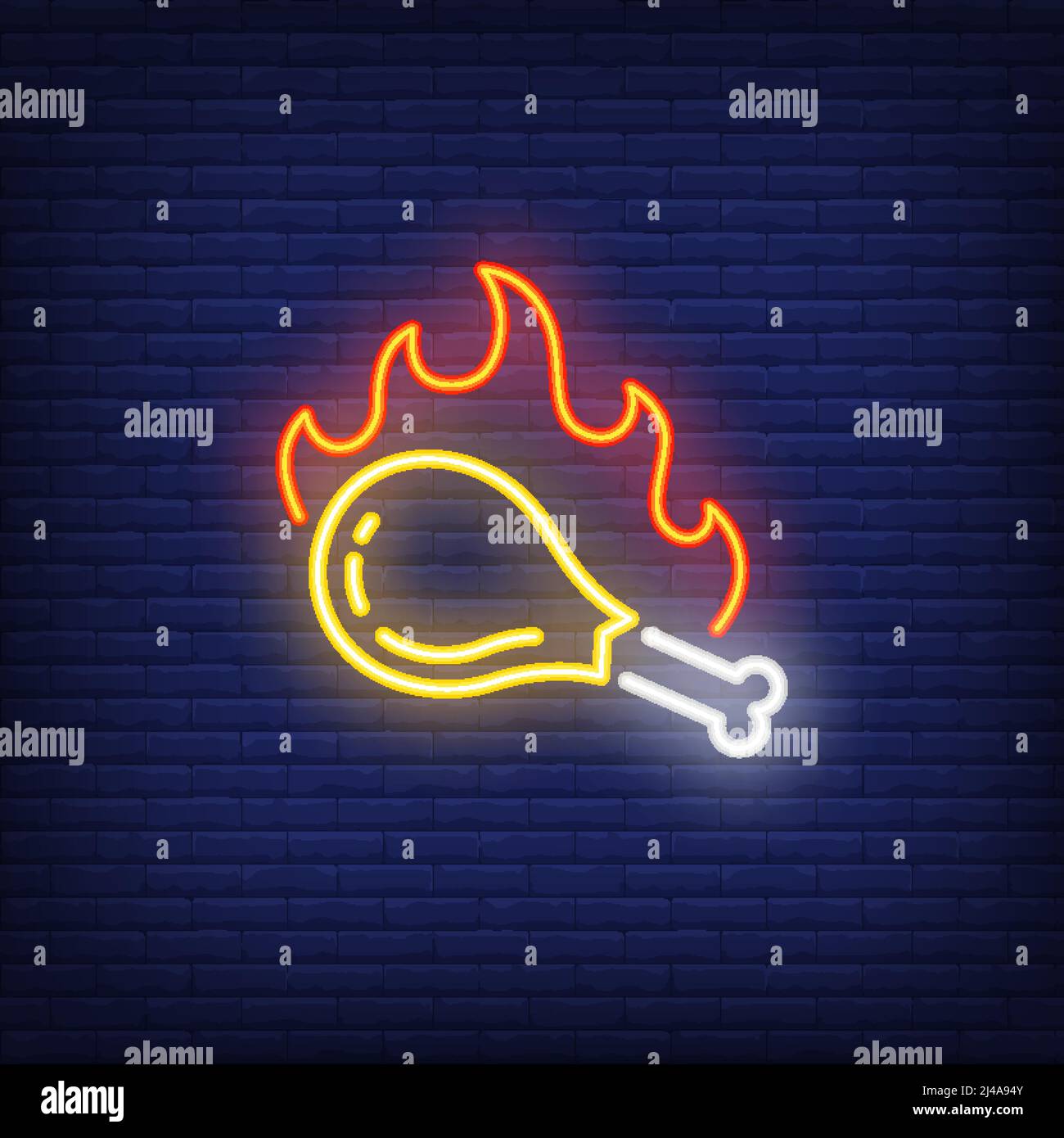 Grilled chicken drumstick with fire flame neon sign. Grill, barbeque, dinner concept. Advertisement design. Night bright neon sign, colorful billboard Stock Vector