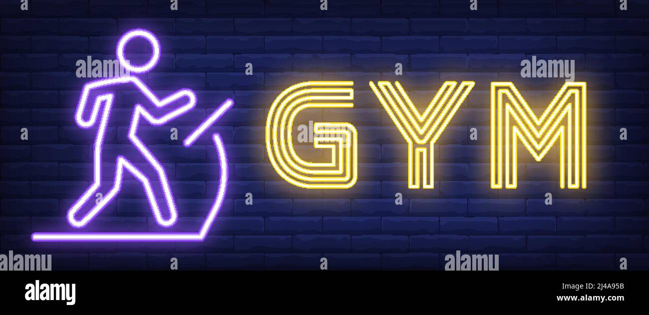 Gym neon sign. Glowing bar lettering with man on treadmill on brick