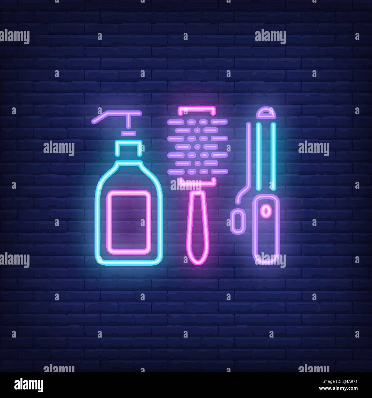 Hairdressing accessories neon sign. Hairdressing salon, style and fashion concept. Advertisement design. Night bright colorful billboard, light banner Stock Vector