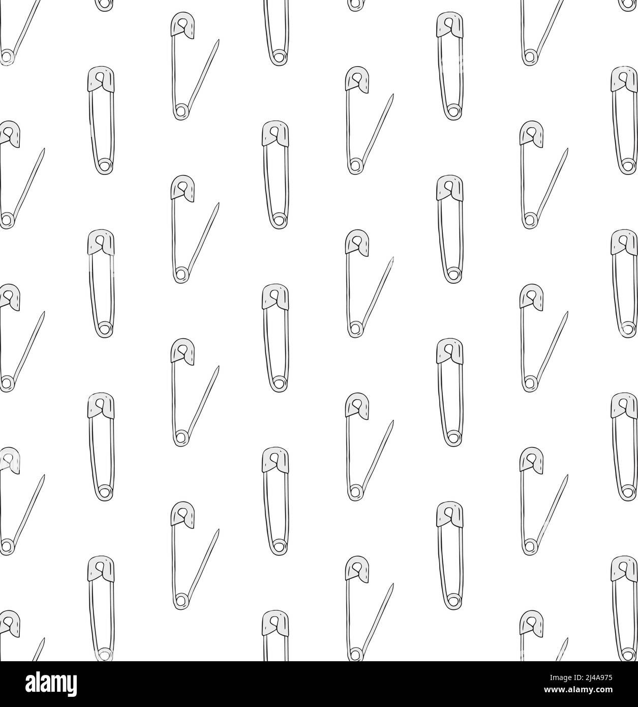 Hand drawn vector illustration of safety pin pattern on black
