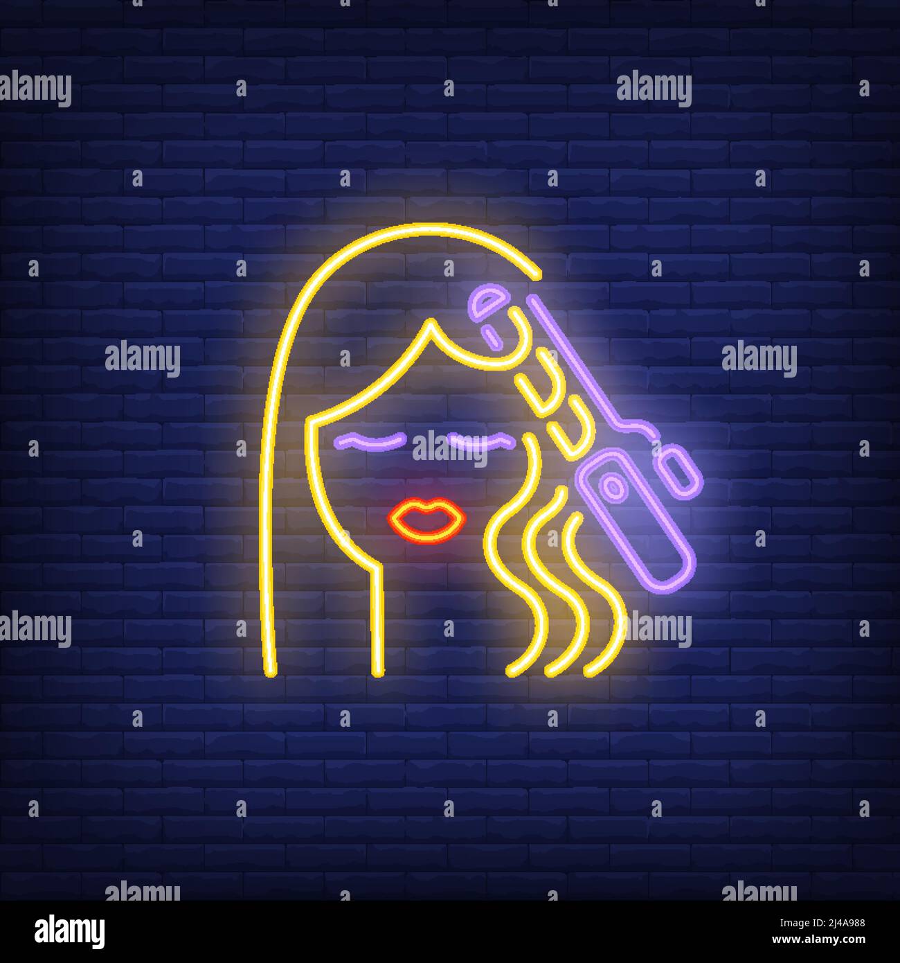Hair curler curling woman hair neon sign. Hairdressing salon, style and fashion concept. Advertisement design. Night bright colorful billboard, light Stock Vector