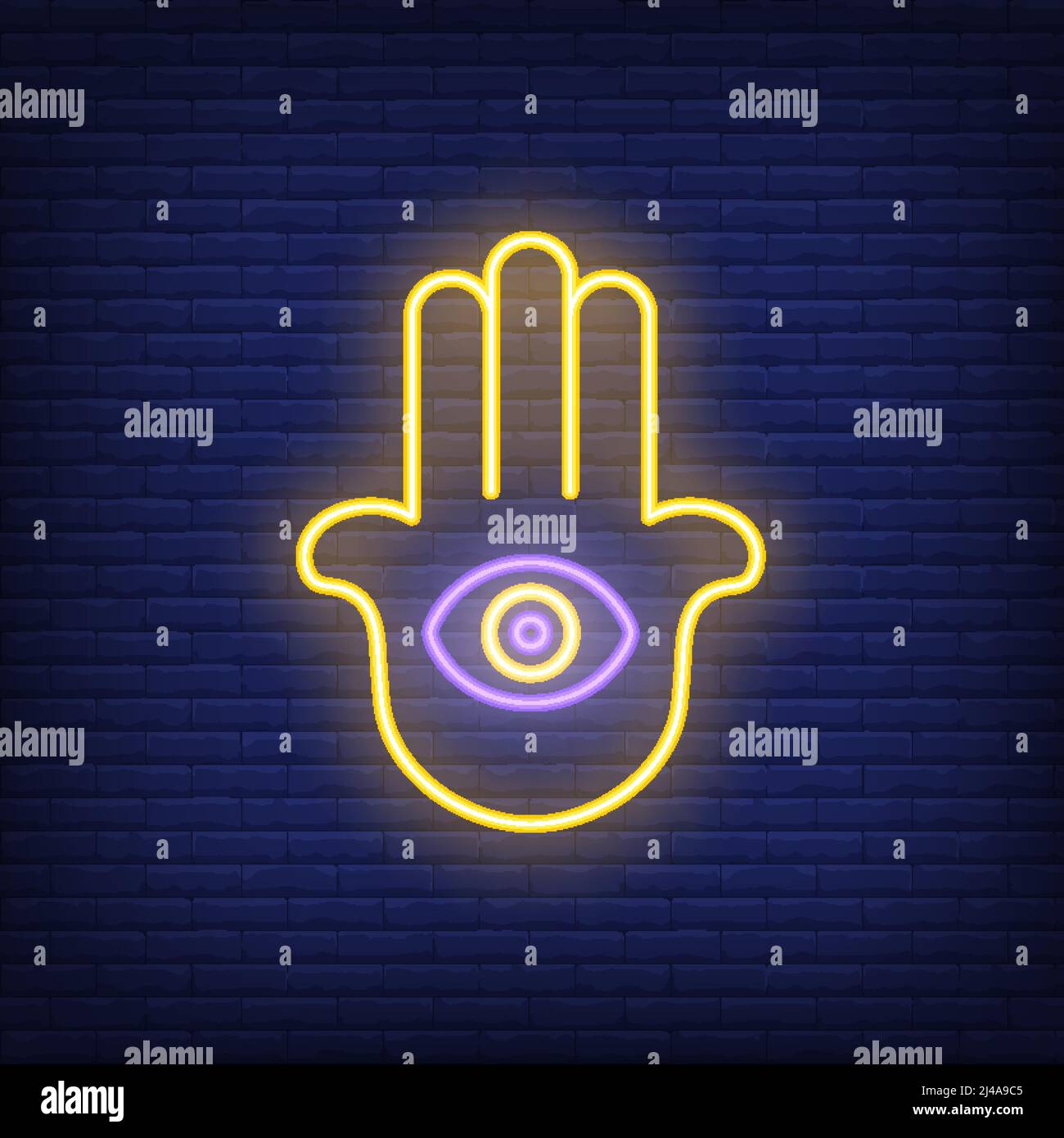 Hamsa hand with eye neon sign. Harmony and meditation concept. Advertisement design. Night bright neon sign, colorful billboard, light banner. Vector Stock Vector