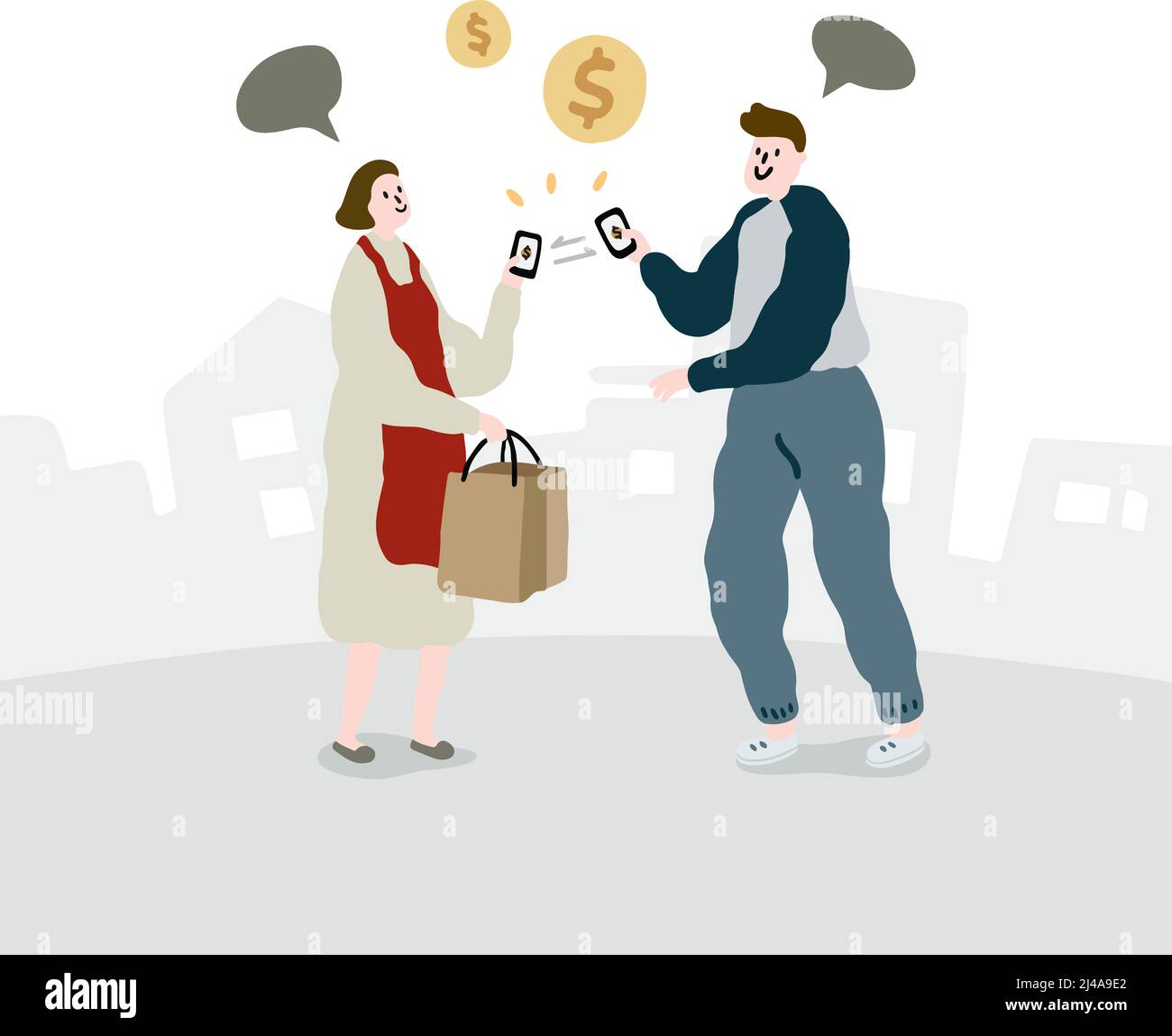 Hand drawn vector illustration of people using digital wallets for shopping. Mobile electronic money transfers. Stock Vector