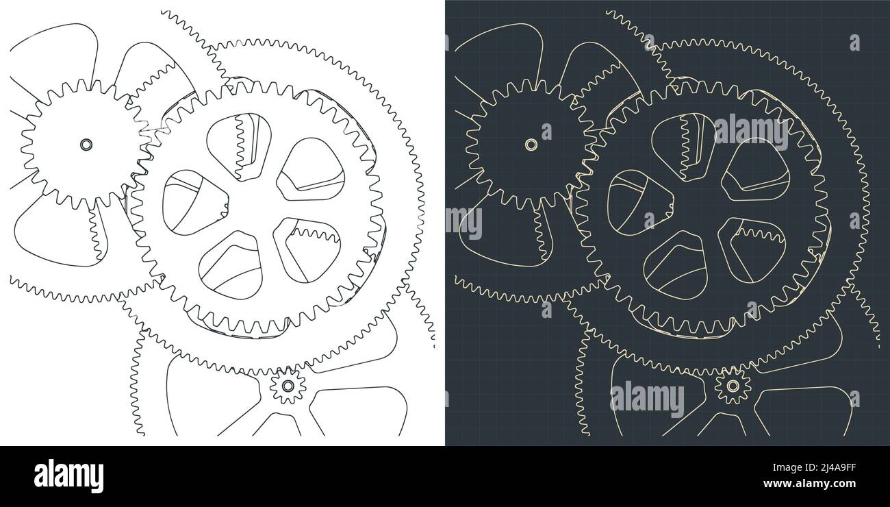 Stylized vector illustration of blueprints of gear mechanism Stock ...