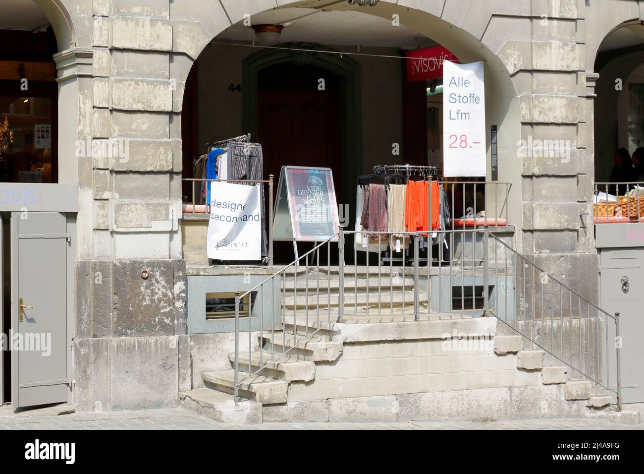Bern, Switzerland - April 20, 2017: Small outdoor store that is located under the arcades of an ancient building in the old town. The choice of differ Stock Photo