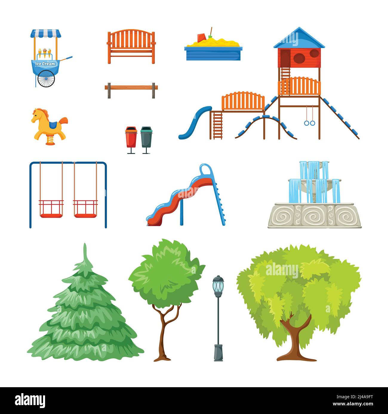 City park isolated icon set with elements of construction and green ...