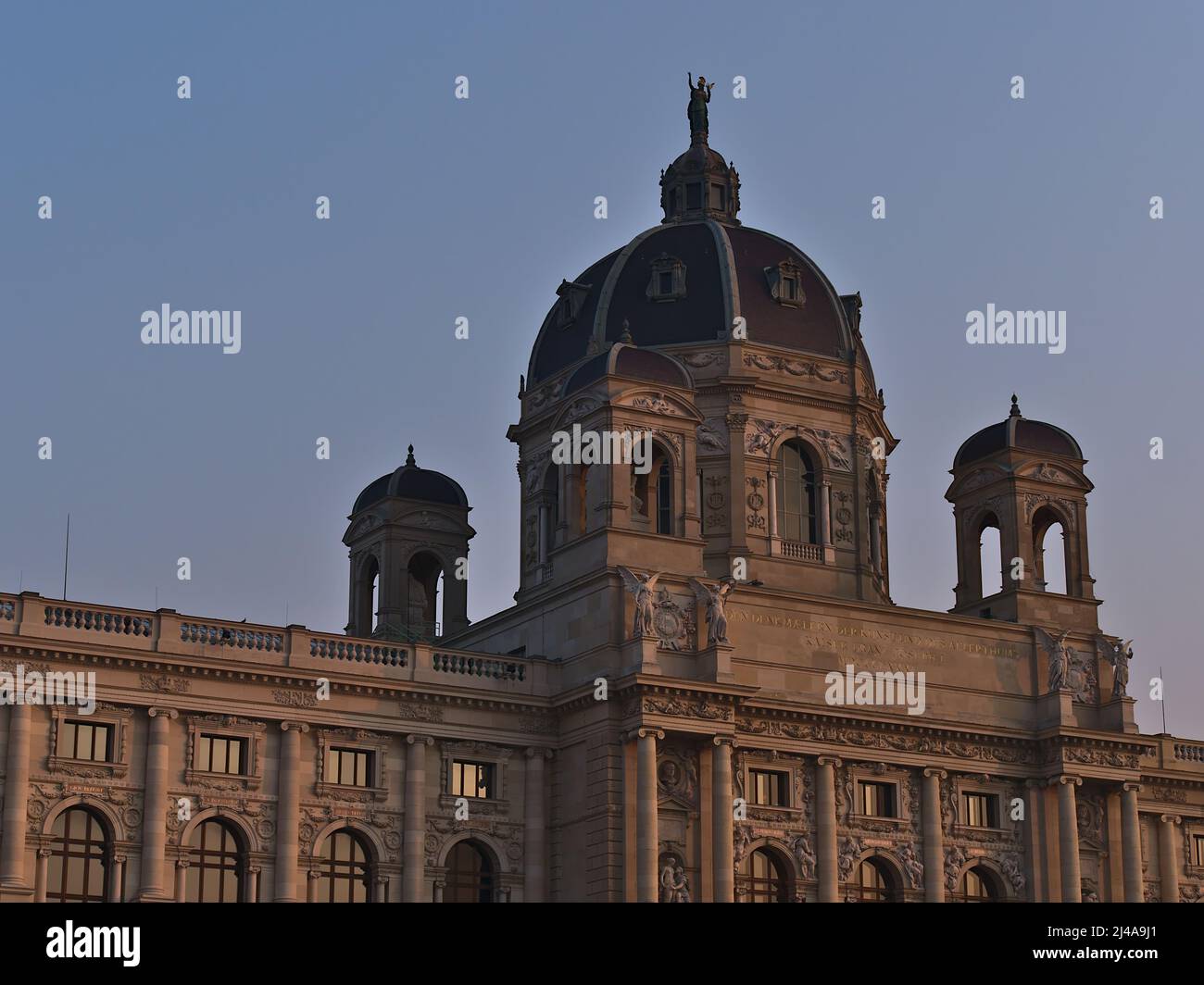 Closeup view of the top of the building of Kunsthistorisches Museum (Museum of Art History) in the historic center of Vienna, capital of Austria. Stock Photo