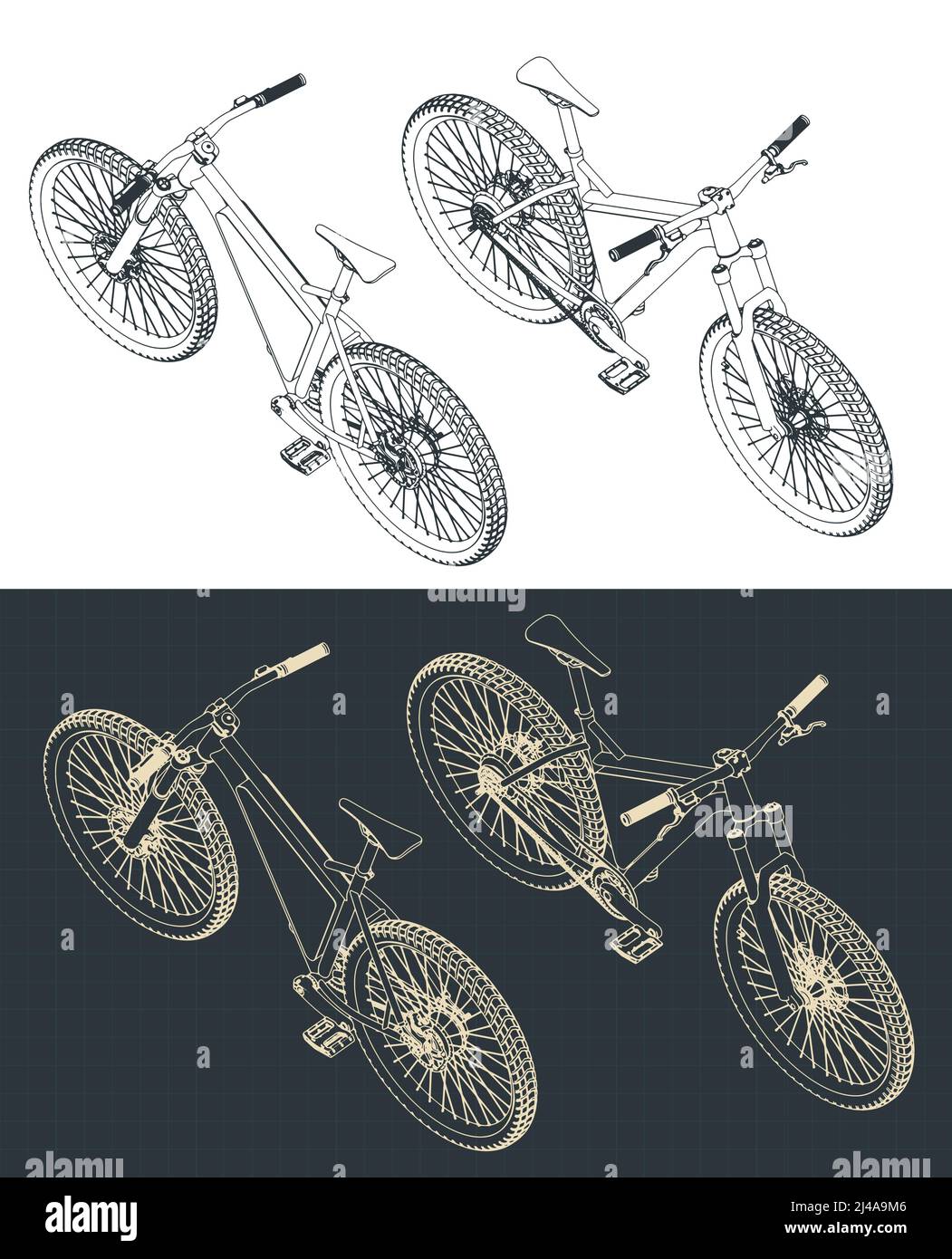 Stylized vector illustration of isometric blueprints of electric bike Stock Vector