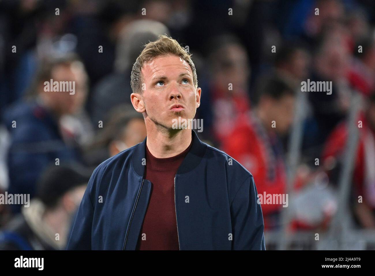 coach Julian NAGELSMANN (FC Bayern Munich), looks in disbelief to the top, single image, cut single motif, portrait, portrait, portrait Soccer Champions League/ quarter-finals FC Bayern Munich - Villarreal CF on April 12th, 2022 ALLIANZARENA. Stock Photo