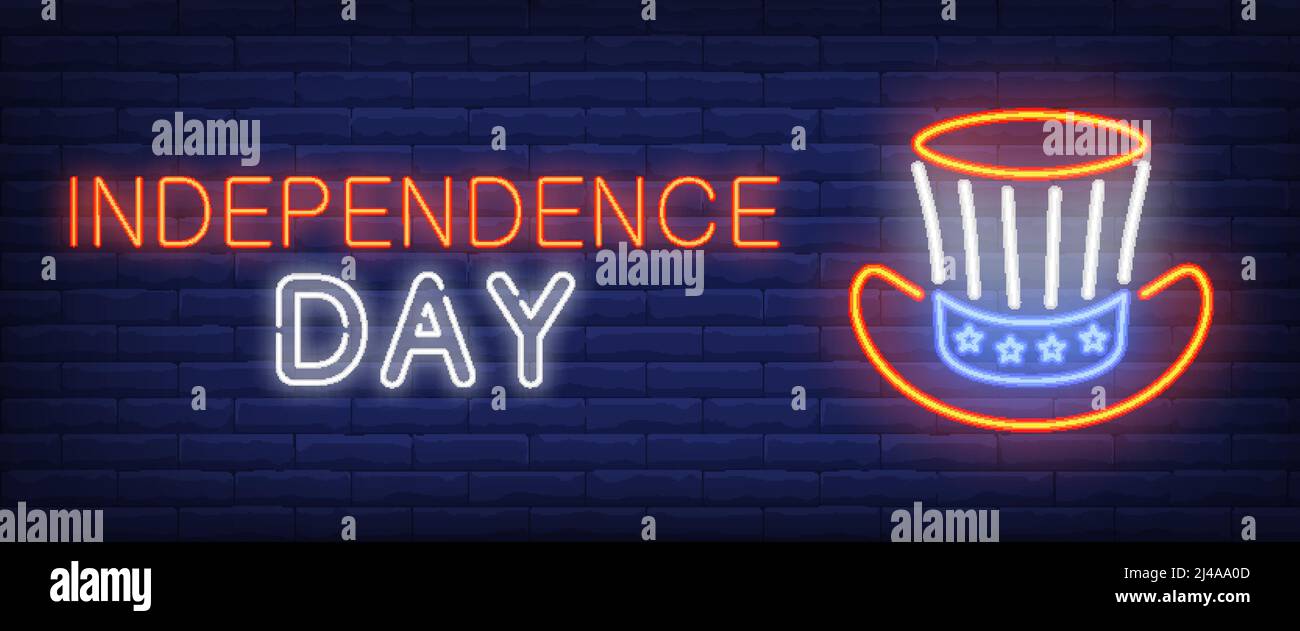 Independence Day neon text with uncle Sam. Celebration, advertisement design. Night bright neon sign, colorful billboard, light banner. Vector illustr Stock Vector