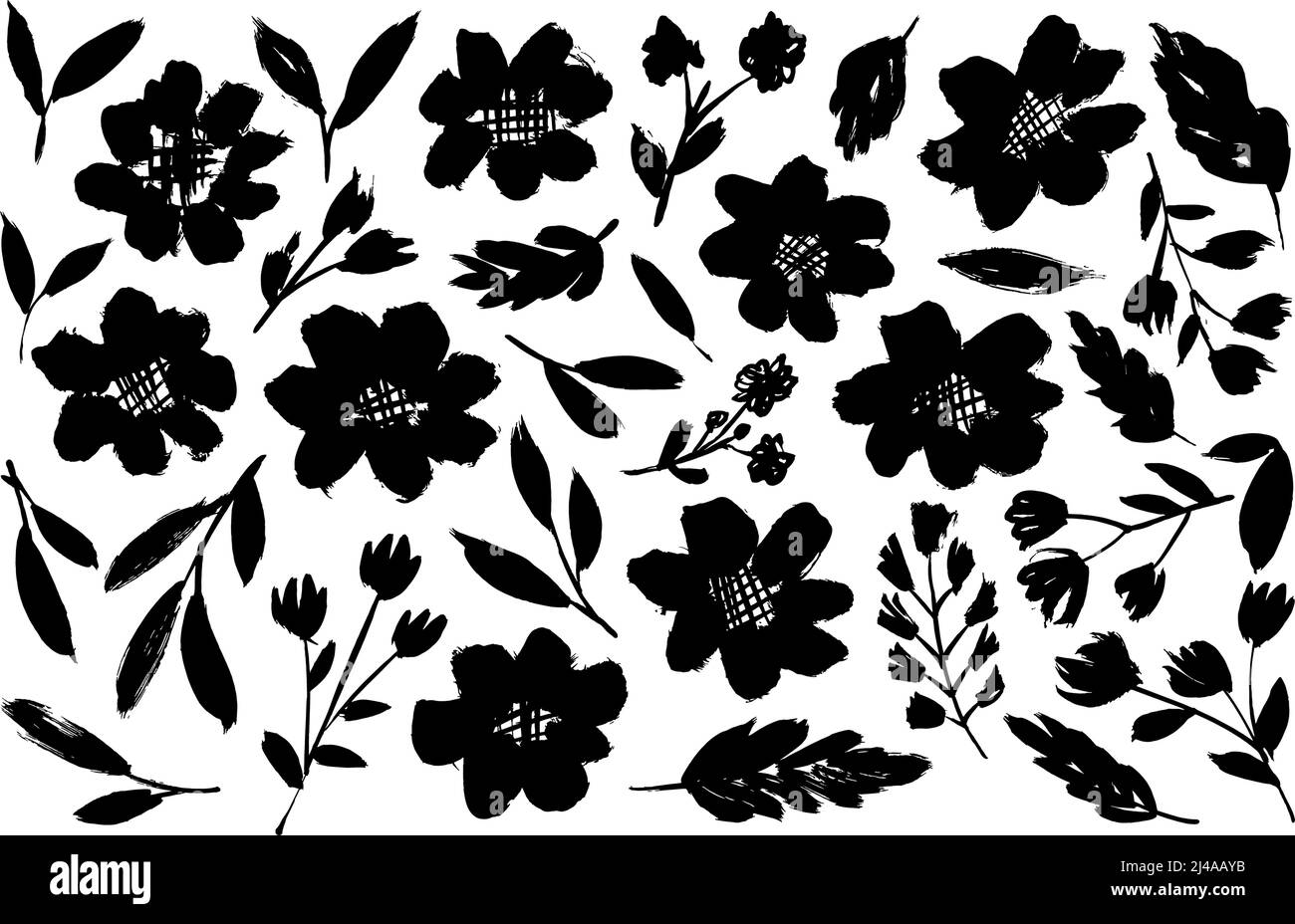 Vector set of ink drawing wild plants and flowers Stock Vector