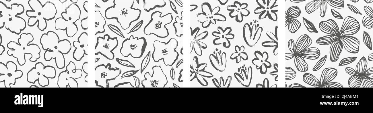 Seamless patterns with black ink brush flowers. Stock Vector