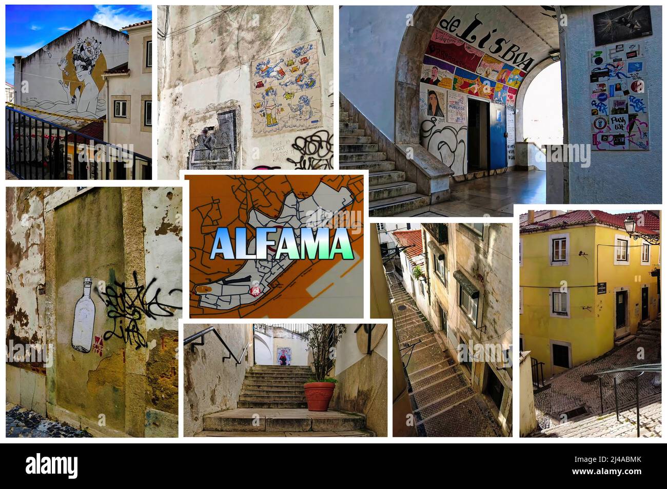 Alfamama is the oldest district of Lisbon, It is a historic district of mixed-use buildings occupied by bars, restaurants and small, quaint shops. Stock Photo