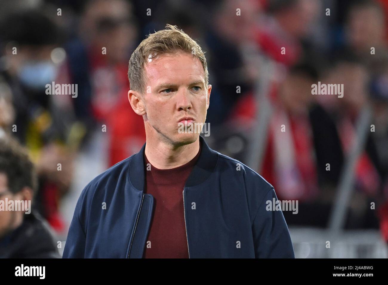 coach Julian NAGELSMANN (FC Bayern Munich), serious, skeptical, single image, cut single motif, portrait, portrait, portrait Soccer Champions League/ Quarterfinals FC Bayern Munich - Villarreal CF 1-1, on April 12th, 2022 ALLIANZARENA. Stock Photo