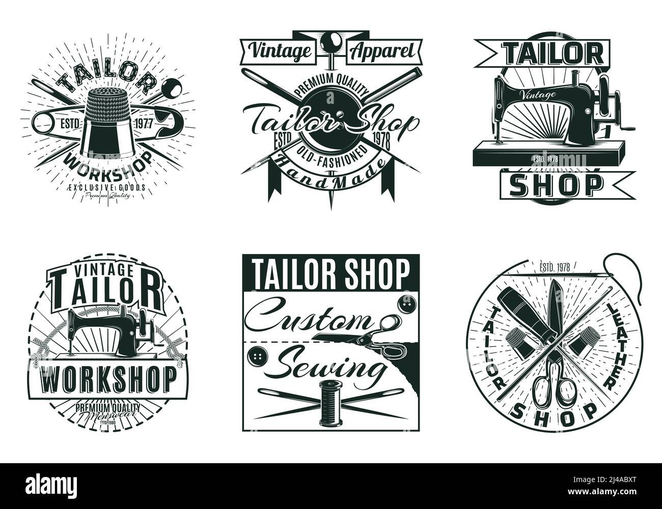 Vintage tailor workshop labels set with inscriptions accessories tools and equipment in monochrome style isolated vector illustration Stock Vector