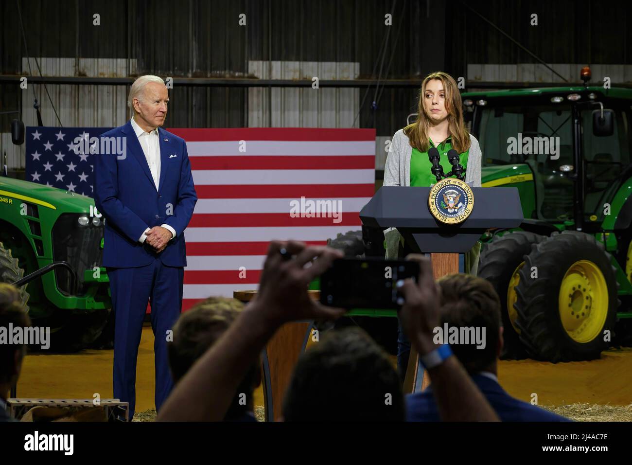 President Joe Biden listens as an employee for POET Bioprocessing