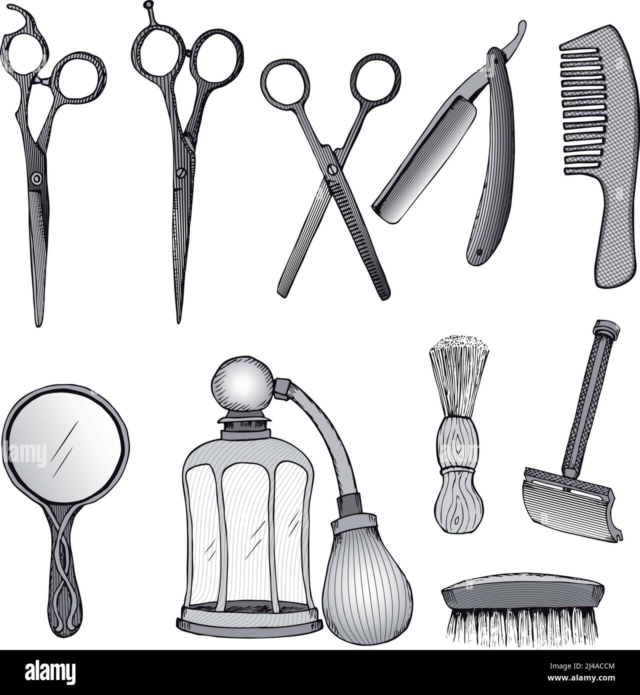 Vintage hairdresser tools set with scissors razor blade comb mirror