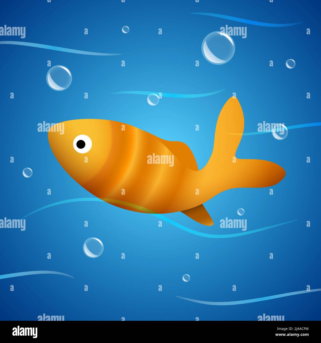 Golden fish swimming in the blue water with waves and bubbles. Goldfish vector illustration
