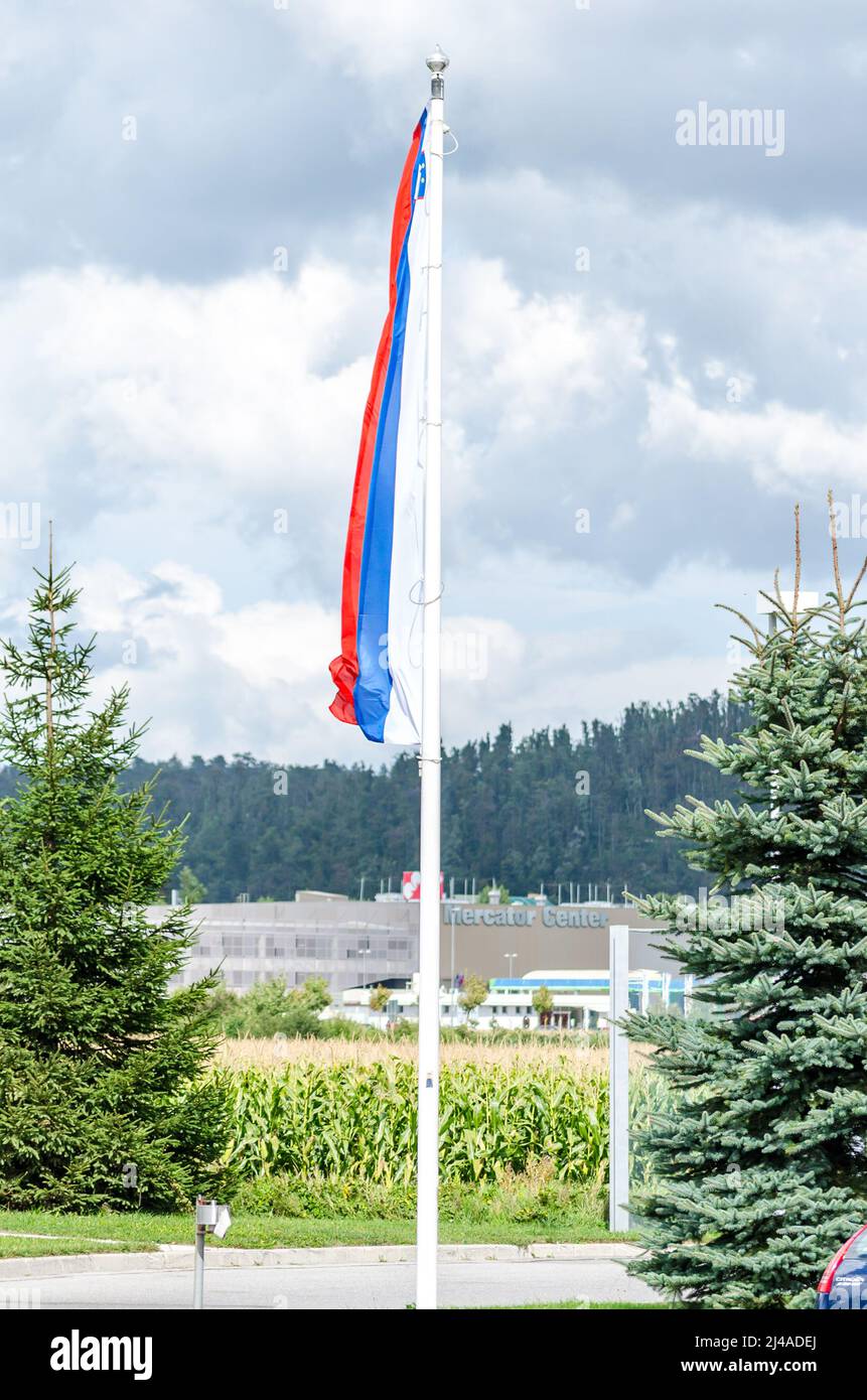 Flag of Slovenia on the Flagpole in the Countryside. Symbol of the Slovenian Nation with Trees and Green Field in the Background Stock Photo