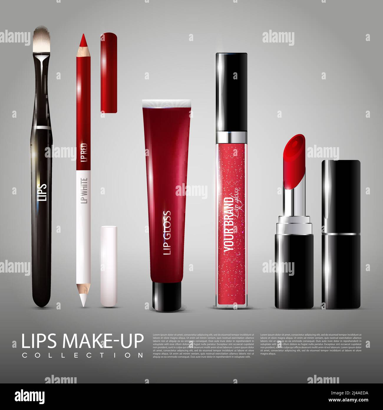 Cosmetology realistic products set with brush eyeliner lip glosses and