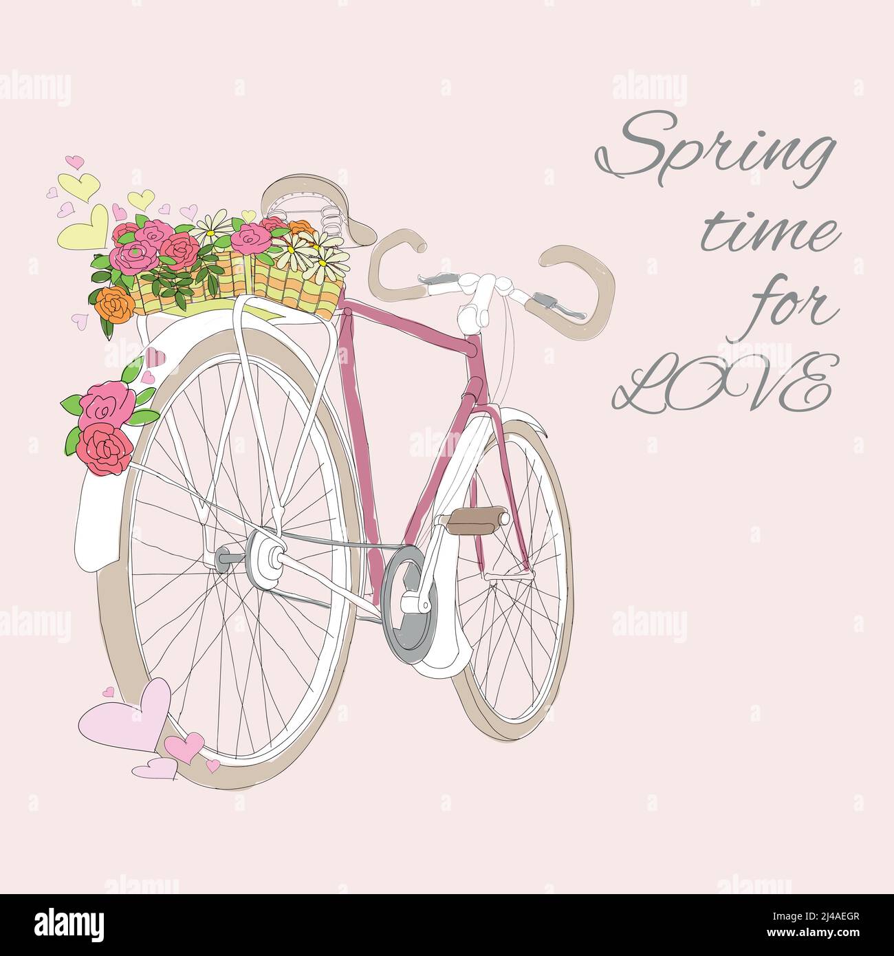 Colorful drawing active recreation template with bicycle and spring flowers in basket vector illustration Stock Vector
