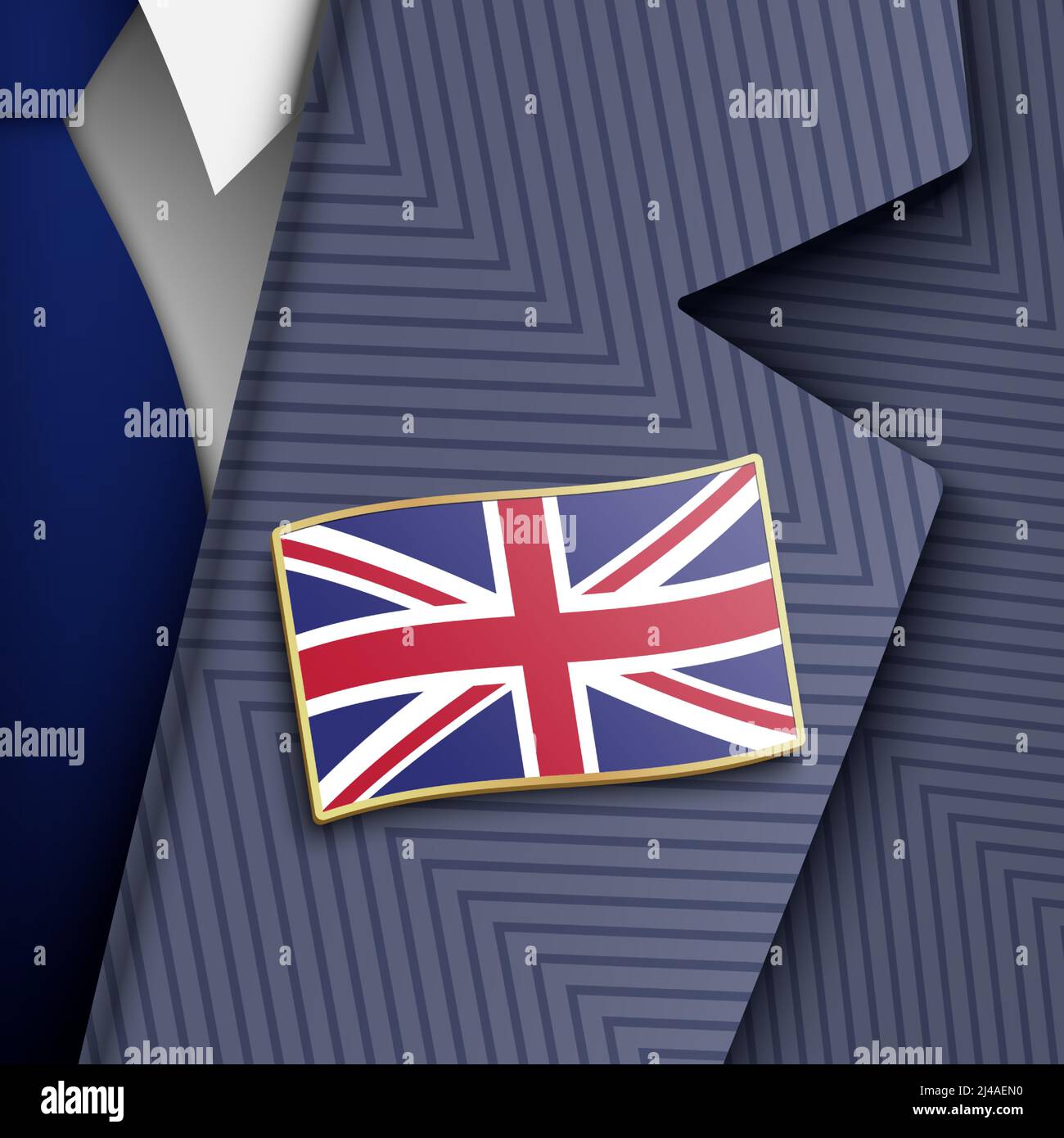British official person dressed in a blue color official suit, white shirt, blue tie, and UK flag golden lapel pin, vector illustration. Stock Vector