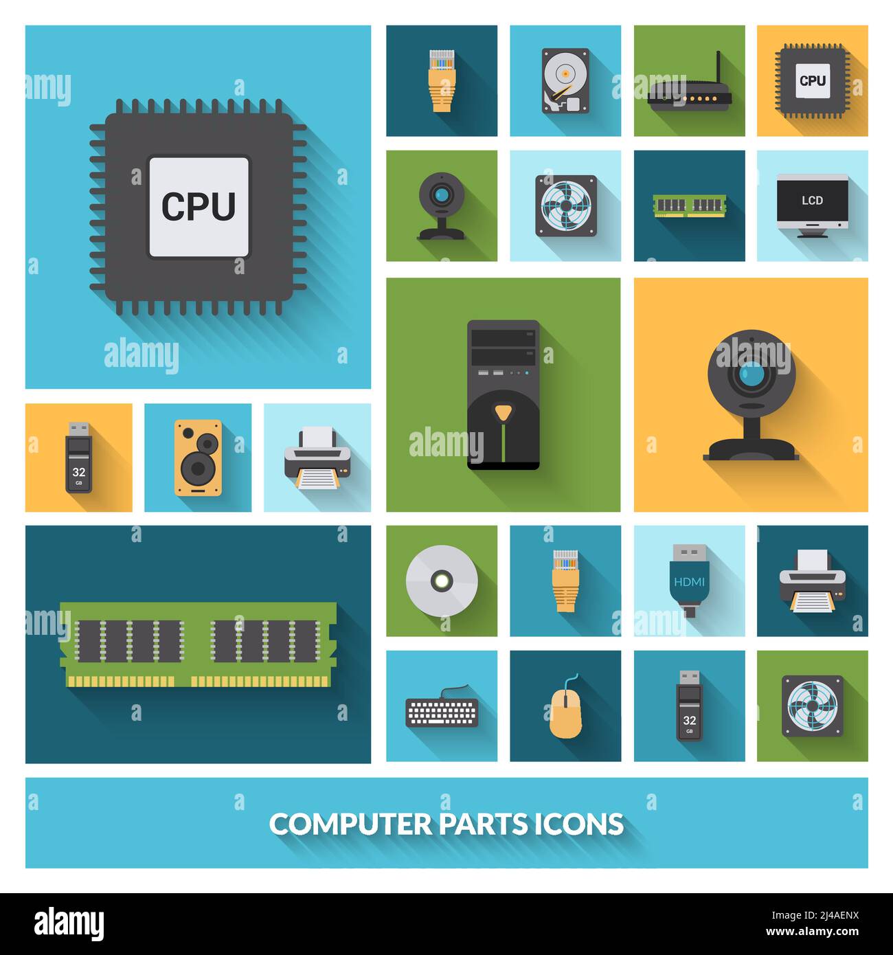 Computer parts decorative icons set with processor camera keyboard isolated vector illustration Stock Vector