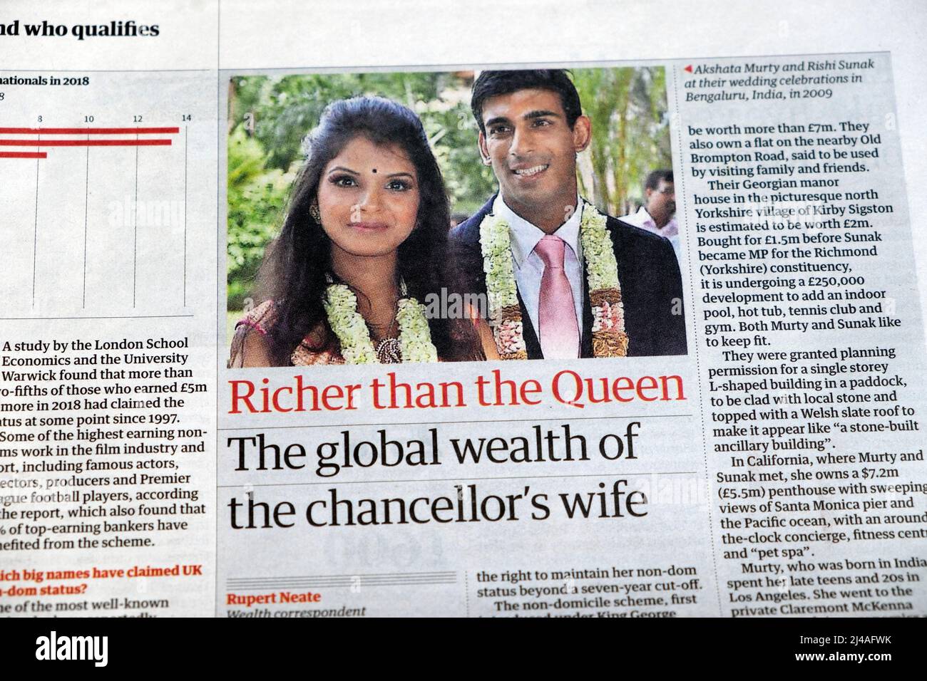 Akshata Murty 'Richer than the Queen The global wealth of the chancellor's wife' Guardian newspaper headline article clipping 7 April 2022 London UK Stock Photo