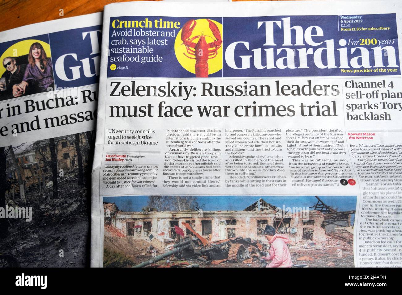 'Zelenskiy: Russian leaders must face war crimes trial' Guardian newspaper headline front page on 6 April 2022 in London England UK Stock Photo