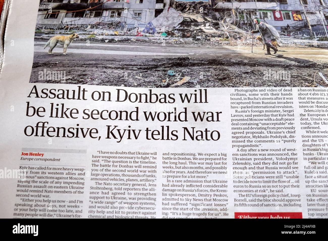 'Assault on Donbas will be like second world war offensive, Kyiv tells Nato' Guardian newspaper headline article clipping 7 April 2022 London UK Stock Photo