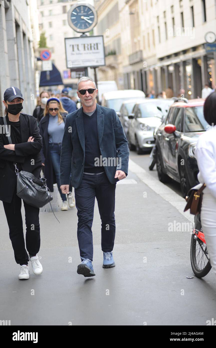 Milan, . 13th Apr, 2022. Milan, 13-04-2022 Pasquale di Molfetta, better  known as LINUS, famous DJ of the radio DEEJAY, walks through the streets of  the center with his wife CARLOTTA MEDAS.