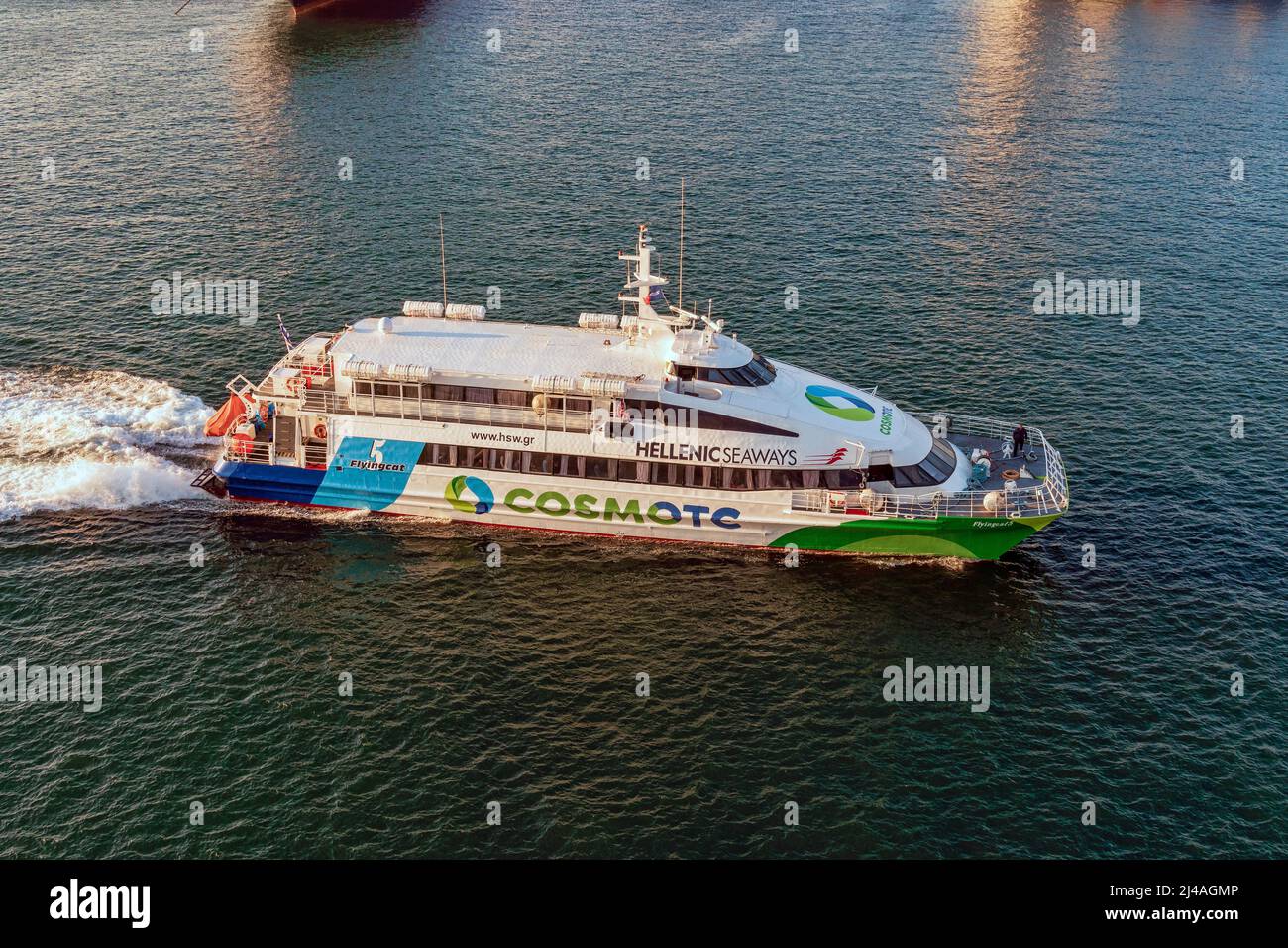 The catamaran Flying Cat 5 operates a high-speed passenger service between Piraeus and outlying Greek islands - November 2018. Stock Photo