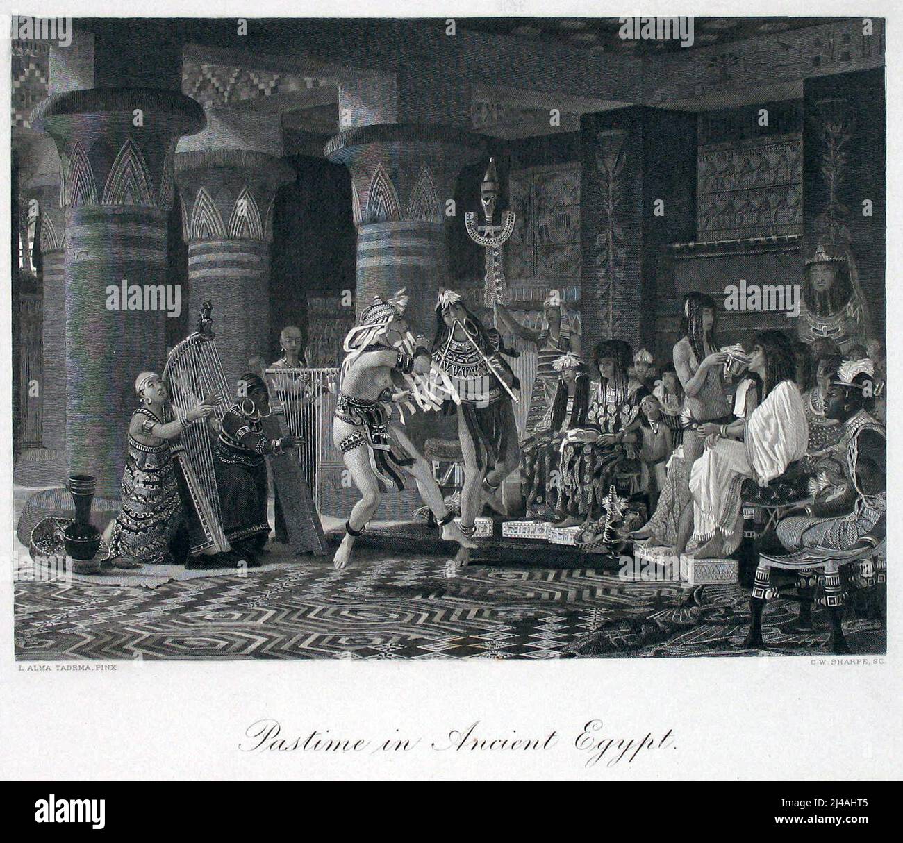 'Pasttimes in Ancient Egypt' an engraving by C.W. Sharpe after a painting by L. Alma Tadema. Print from the International Gallery published by George Barrie, 1880s. Stock Photo