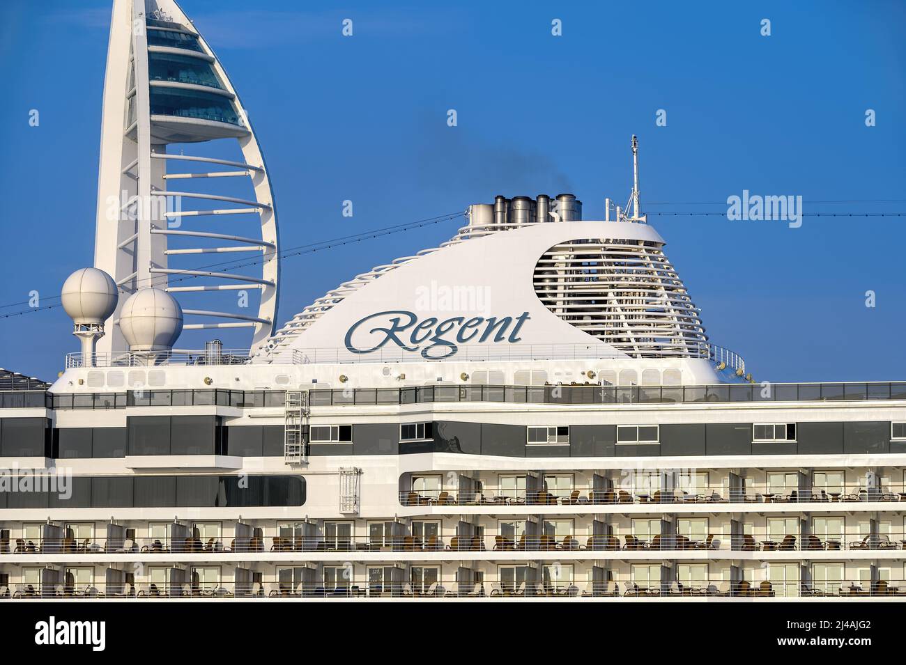 View of the Regent brand logo on the side of Regent Seven Seas Cruises' ship Seven Seas Splendor - September 2021. Stock Photo