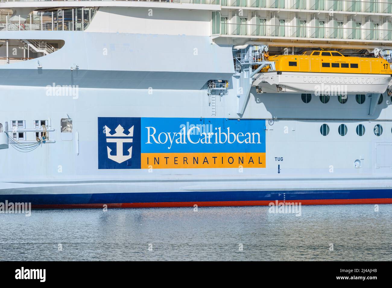 View of the Royal Caribbean International brand logo on the side of RCI's' ship Allure of the Seas - July 2020. Stock Photo