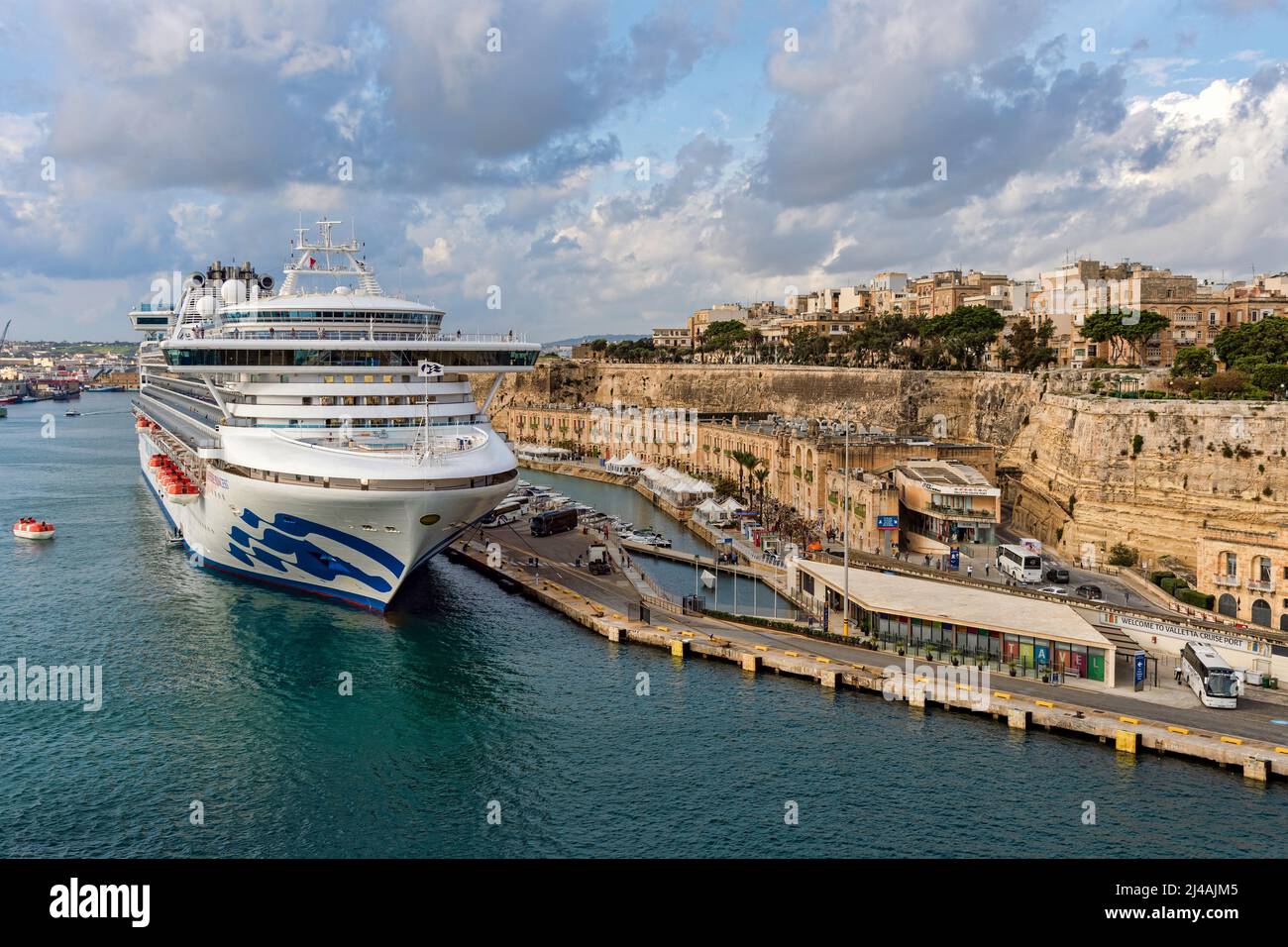 Sapphire Princess (Princess Cruises) alongside the Grand Harbour at Valetta, Malta - November 2018. Stock Photo