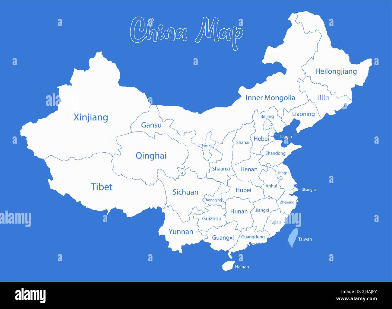 China map, administrative divisions whit names regions, blue background vector Stock Vector