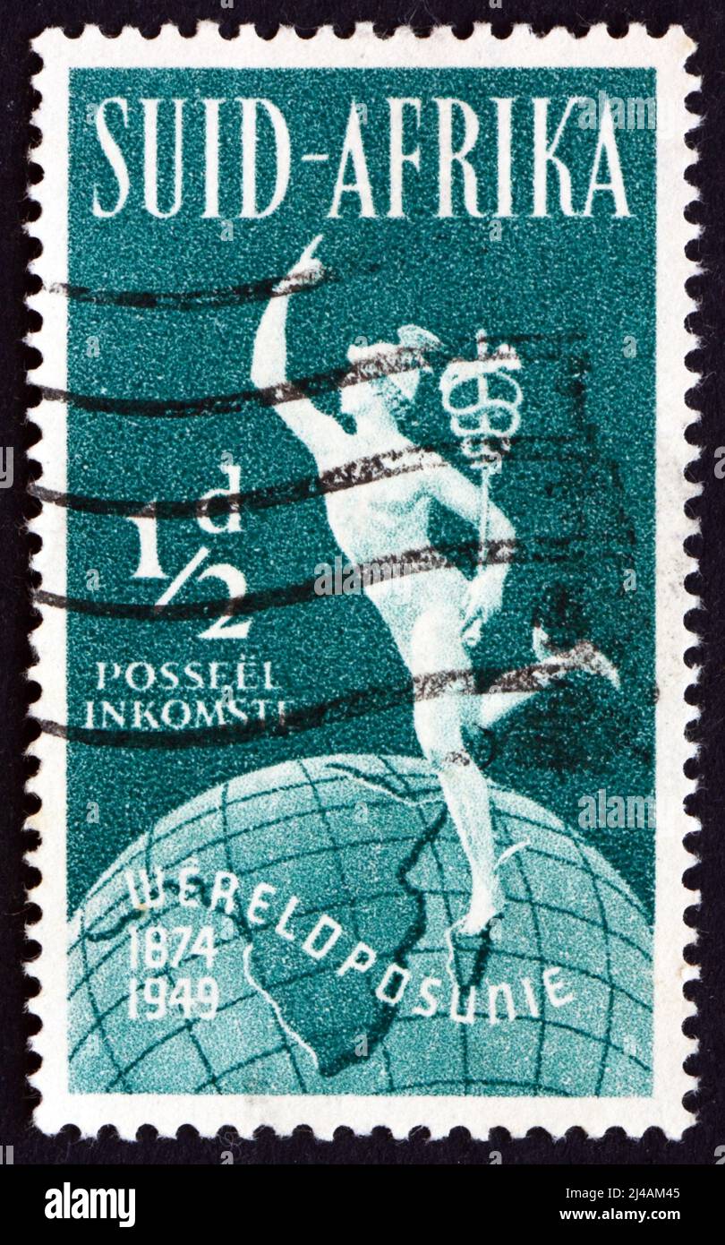 SOUTH AFRICA - CIRCA 1949: a stamp printed in South Africa shows Mercury and Globe, 75th Anniversary of the UPU, circa 1949 Stock Photo